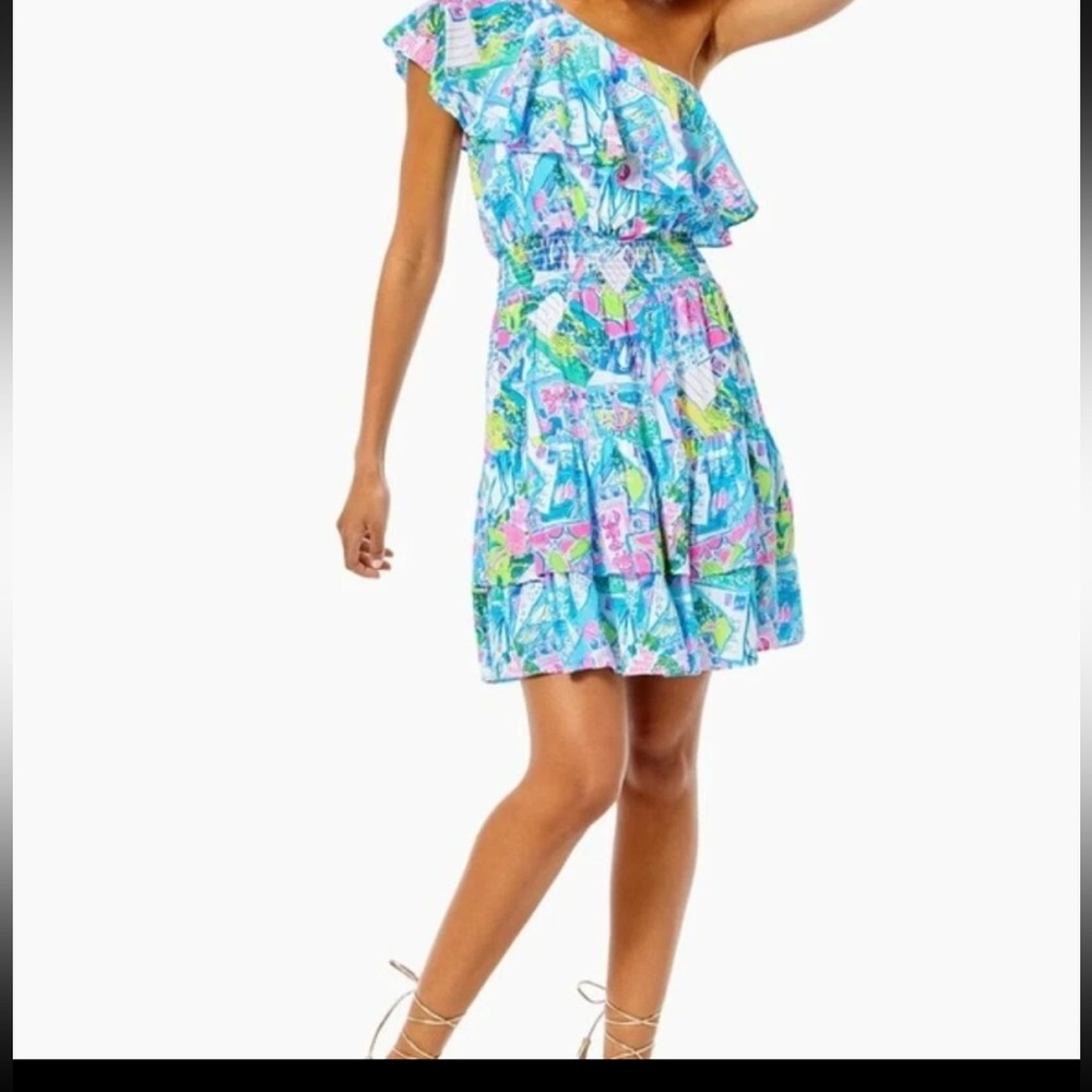 Lilly Pulitzer Blue Pink Addilyn Dress in Wish You Were Here sz M